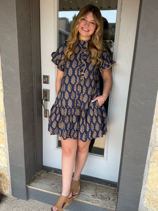 Always On Time Navy & Tan Lace Trim Ruffle Bottom Dress