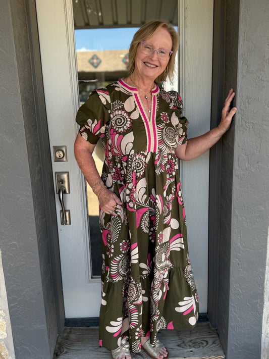 Crossing Paths Green & Pink Dress