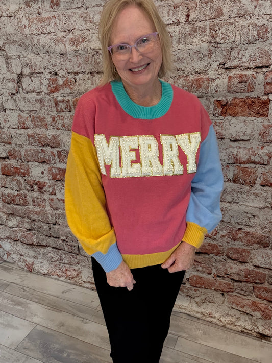 A Merry Time Color Block Pearl Embellishments Sweater