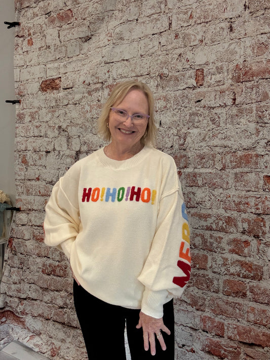 Spirits Bright Cream Multi-Color Chenille Letter Balloon Sleeve Pullover Sweater